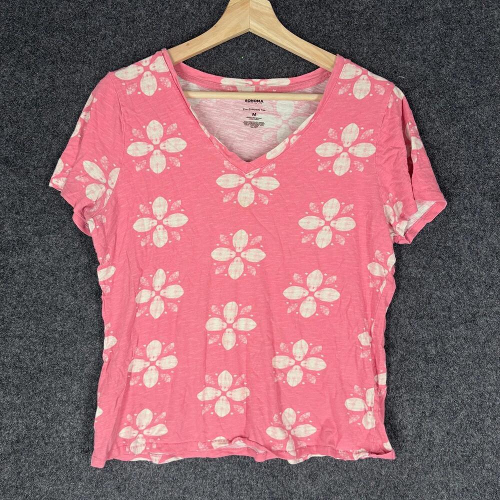 Sonoma T-Shirt Women M Medium Pink Floral V-Neck Short Sleeve Cotton Casual
